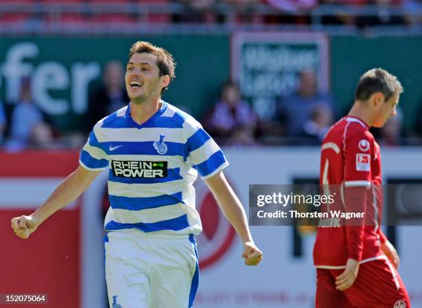 Valeri Domovchiyski of Duisburg celebrates after scoring his teams first goal during the second Bundesliga match between 1.FC Kaiserslautern and MSV...