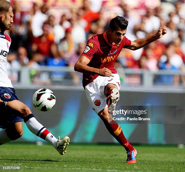 Erik Lamela of AS Roma scores his second team's goal during the Serie A match between AS Roma and Bologna FC at Stadio Olimpico on September 16, 2012...