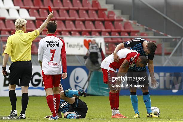 Referee Kevin Blom ,Alexander Gerndt of FC Utrecht ,Kevin Strootman of PSV ,Edouard Duplan of FC Utrecht ,Mark van Bommel of PSV during the Dutch...