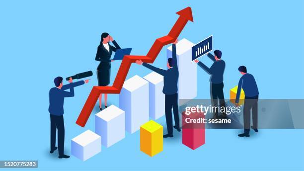 stockillustraties, clipart, cartoons en iconen met business investment or wealth management, marketing data analysis statistics and trend forecasting, business team members working together to support the success of the team or business - bedrijfsstrategie