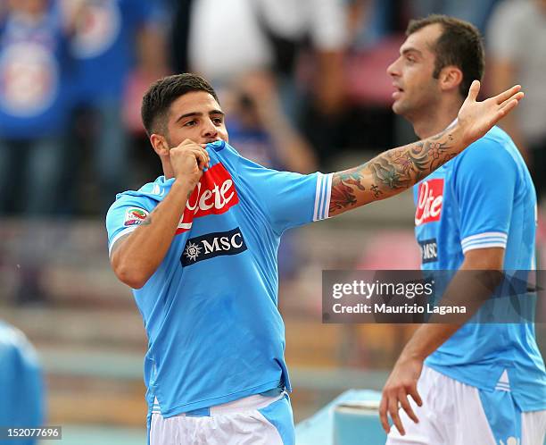 Lorenzo Insigne of Napoli celebrates after scoring his team's third goal during the Serie A match between SSC Napoli v Parma FC at Stadio San Paolo...