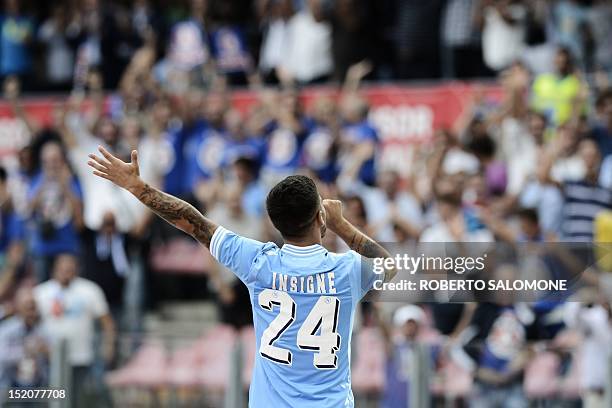 Napoli's forward Lorenzo Insigne celebrates after scoring during the Italian Serie A football match SSC Napoli vs Parma FC on September 16, 2012 at...