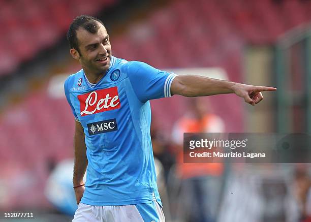 Goran Pandev of Napoli celebrates after scoring his team's second goal during the Serie A match between SSC Napoli v Parma FC at Stadio San Paolo on...