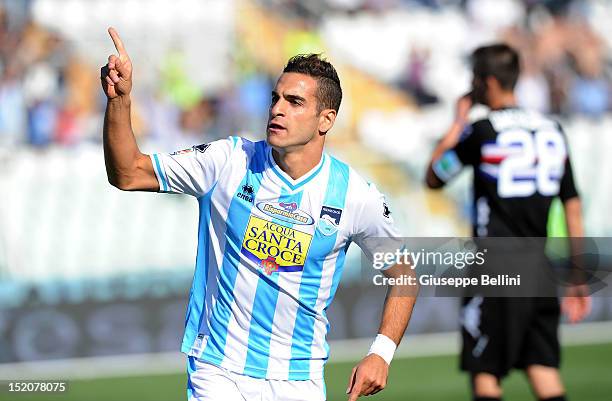 Mervan Celik of Pescara celebrates after scoring their first goal during the Serie A match between Pescara and UC Sampdoria at Adriatico Stadium on...