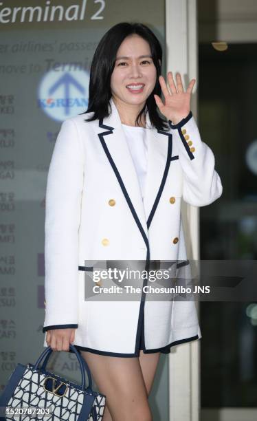 South Korean actress Son Ye-jin is seen leaving Incheon International Airport for Valentino's haute couture fall-winter 2023 fashion show on July 04,...