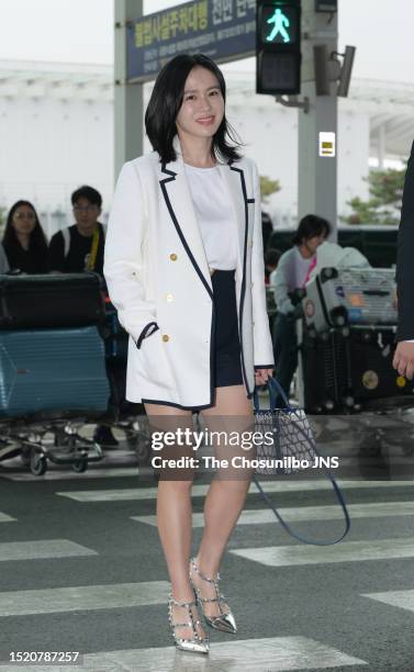 South Korean actress Son Ye-jin is seen leaving Incheon International Airport for Valentino's haute couture fall-winter 2023 fashion show on July 04,...