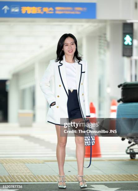 South Korean actress Son Ye-jin is seen leaving Incheon International Airport for Valentino's haute couture fall-winter 2023 fashion show on July 04,...