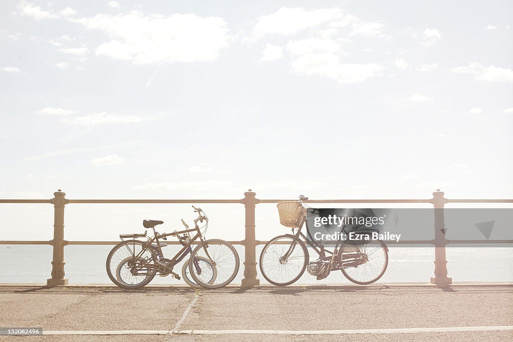 Bikes against beach railings