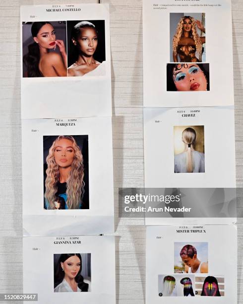 Model cards on display backstage during Miami Swim Week Powered by Art Hearts Fashion at Fontainebleau Hotel on July 06, 2023 in Miami Beach, Florida.