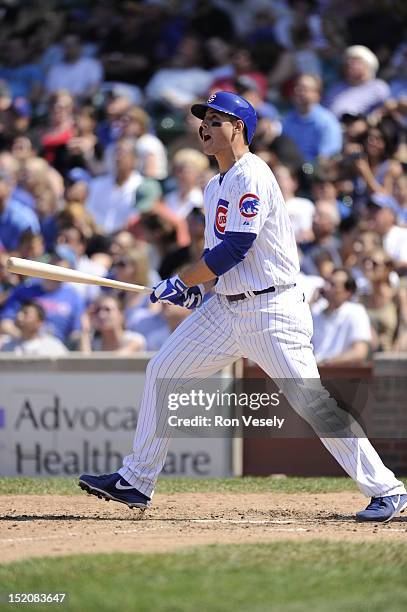 Anthony Rizzo of the Chicago Cubs bats during the game against the Pittsburgh Pirates on August 1, 2012 at Wrigley Field in Chicago, Illinois. The...