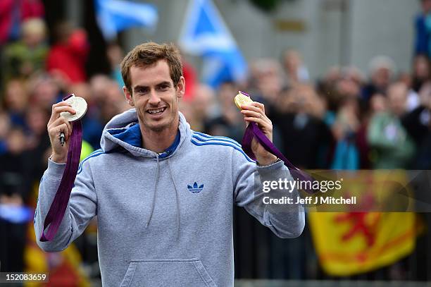 Tennis player Andy Murray returns to Dunblane following his win in the US Open and his gold medal in the 2012 Olympic games in London, on September...