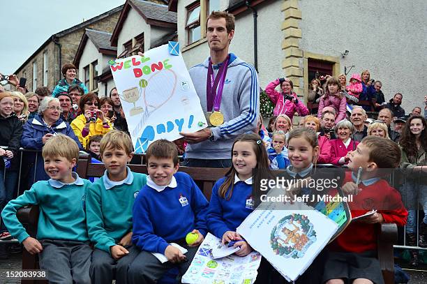 Tennis player Andy Murray returns to Dunblane following his win in the US Open and his gold medal in the 2012 Olympic games in London, on September...