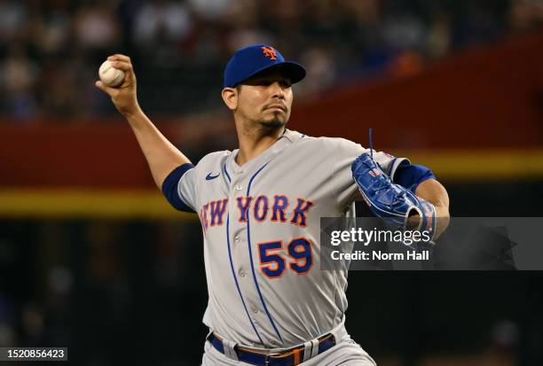 Carlos Carrasco of the New York Mets delivers a first inning pitch against the Arizona Diamondbacks at Chase Field on July 06, 2023 in Phoenix,...