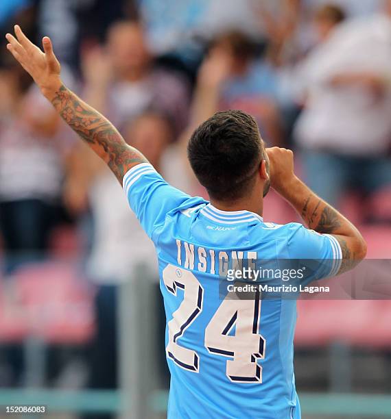 Lorenzo Insigne of Napoli celebrates after scoring his team's third goal during the Serie A match between SSC Napoli v Parma FC at Stadio San Paolo...