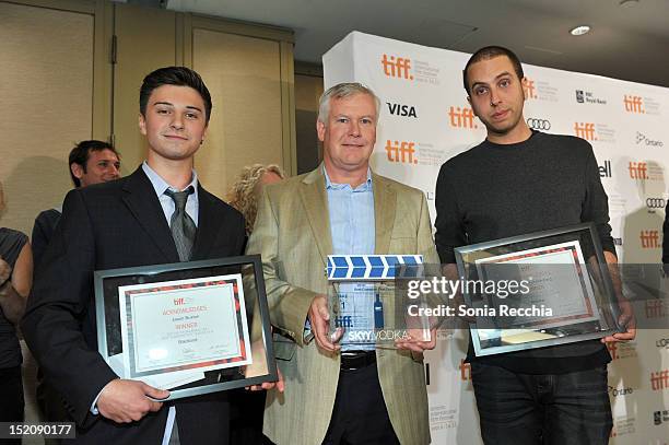 Of PMARob Malloch poses with the winners of The SKYY Vodka Award for Best Canadian First Feature Film, actor Alex Ozerov for "Blackbird" and Brandon...