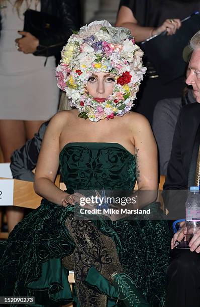 Lady Gaga attends the front row for the Philip Treacy show on day 3 of London Fashion Week Spring/Summer 2013, at The Royal Courts Of Justice on...