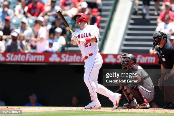Mike Trout of the Los Angeles Angels homers during the game against the Arizona Diamondbacks at Angel Stadium of Anaheim on July 2, 2023 in Anaheim,...