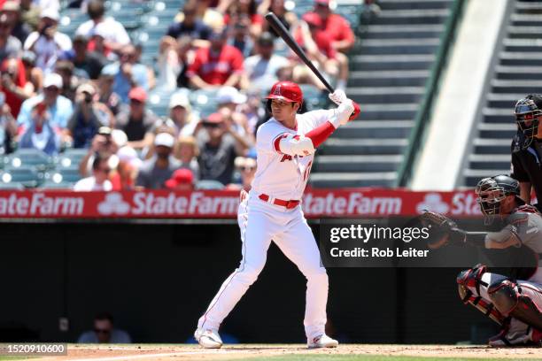 Shohei Ohtani of the Los Angeles Angels bats during the game against the Arizona Diamondbacks at Angel Stadium of Anaheim on July 2, 2023 in Anaheim,...