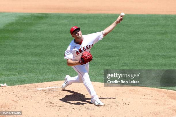 Reid Detmers of the Los Angeles Angels pitches during the game against the Arizona Diamondbacks at Angel Stadium of Anaheim on July 2, 2023 in...