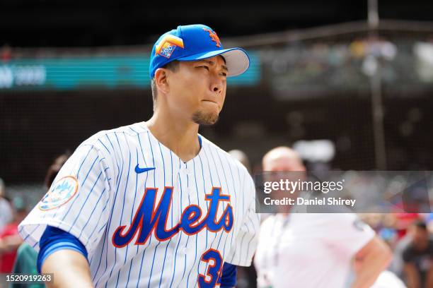 Kodai Senga of the New York Mets looks on during the Gatorade All-Star Workout Day at T-Mobile Park on Monday, July 10, 2023 in Seattle, Washington.