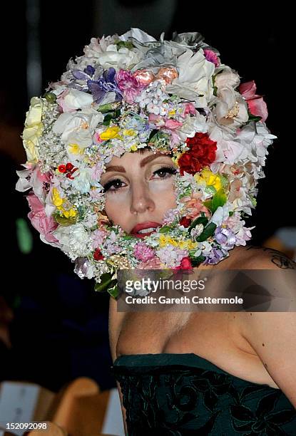 Lady Gaga attends the front row for the Philip Treacy show on day 3 of London Fashion Week Spring/Summer 2013, at The Royal Courts Of Justice on...