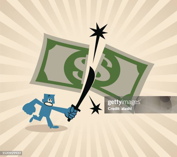 cut costs or no counterfeit notes concept, a man cutting banknotes with a knife or sword - wasting money stock illustrations