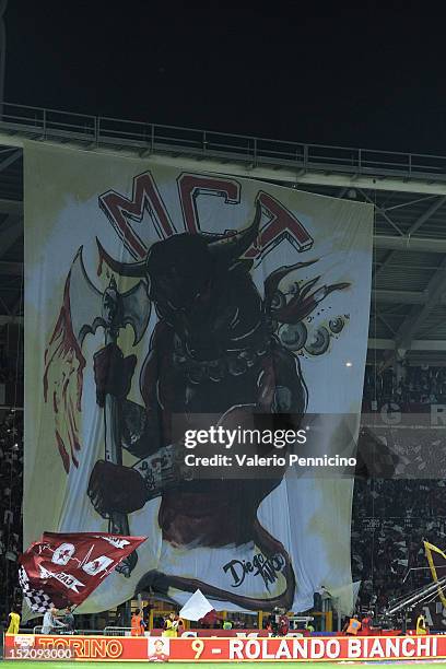 Torino FC fans display a giant banner during the Serie A match between Torino FC and FC Internazionale Milano at Stadio Olimpico di Torino on...