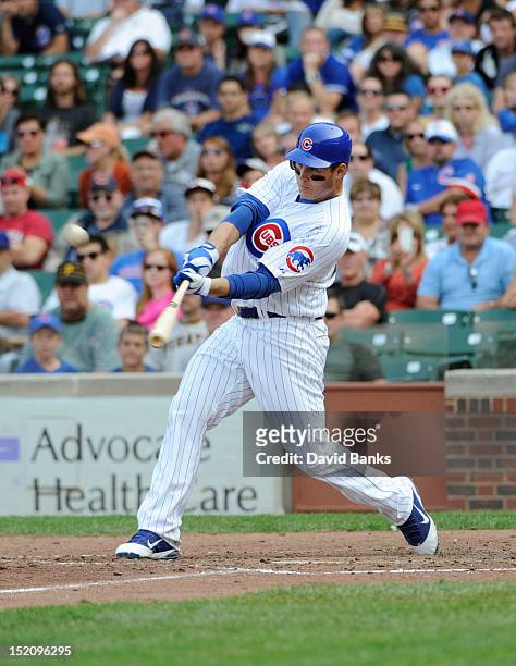 Anthony Rizzo of the Chicago Cubs hits a grand slam home run against the Pittsburgh Pirates in the sixth inning on September 16, 2012 at Wrigley...