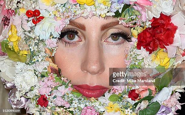 Lady Gaga attends the front row for the Philip Treacy show on day 3 of London Fashion Week Spring/Summer 2013, at The Royal Courts Of Justice on...