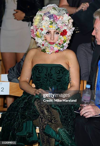 Lady Gaga attends the front row for the Philip Treacy show on day 3 of London Fashion Week Spring/Summer 2013, at The Royal Courts Of Justice on...