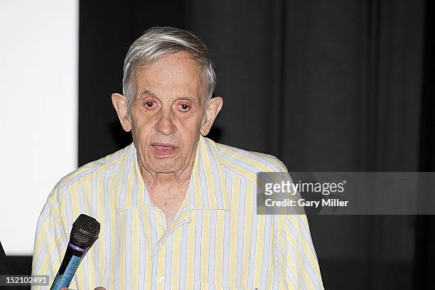Mathematician and Nobel Prize winner John Nash speaks after a screening of 'A Beautiful Mind' at the Alamo Drafthouse on September 16, 2012 in...
