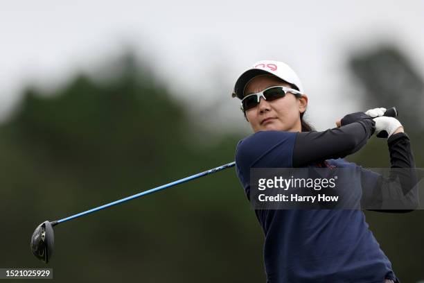 Ayako Uehara of Japan plays her shot from the 14th tee during the first round of the 78th U.S. Women's Open at Pebble Beach Golf Links on July 06,...