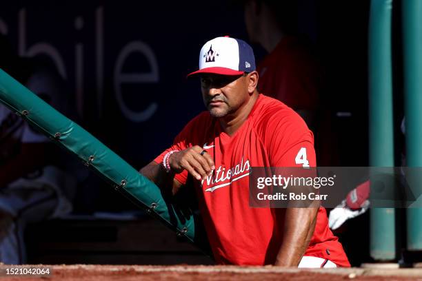 Manager Dave Martinez of the Washington Nationals looks on in the ninth inning against the Cincinnati Reds at Nationals Park on July 06, 2023 in...