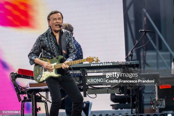 Dodi Battaglia of Pooh performs at San Siro Stadium on July 06, 2023 in Milan, Italy.