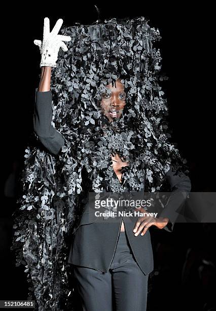 Model showcases designs on the catwalk by Philip Treacy on day 3 of London Fashion Week Spring/Summer 2013, at The Royal Courts Of Justice on...