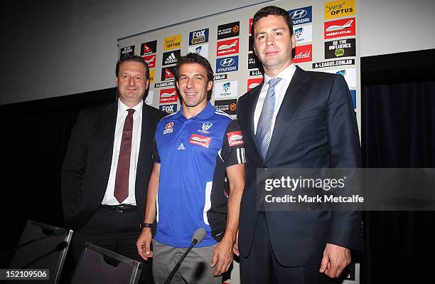 Sydney FC CEO Tony Pignata, Alessandro Del Piero and Chairman Scott Barlow pose for the media during a Sydney FC A-League press conference at The...