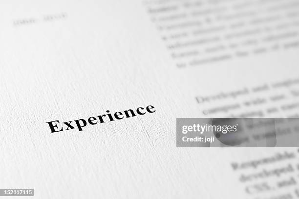 close up view of experience on job resume - cv stock pictures, royalty-free photos & images