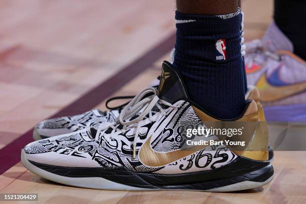 The sneakers worn by Trevion Williams of the Minnesota Timberwolves during the game against the Utah Jazz during the 2023 NBA Las Vegas Summer League...