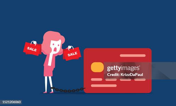 businesswoman chained with debt - disbursement stock illustrations