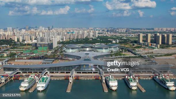 Aerial view of the construction site of the Haikou Xinhai ro-ro passenger terminal on July 6, 2023 in Haikou, Hainan Province of China. Construction...