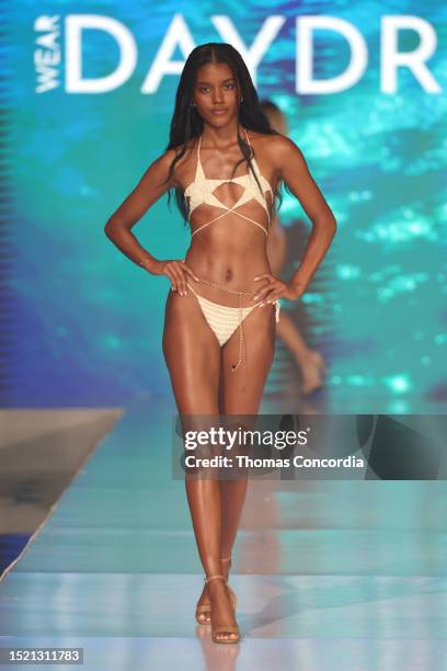 Model walks the runway for Daydream at Miami Swim Week – The Shows at SLS South Beach on July 06, 2023 in Miami Beach, Florida.