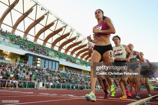 Katie Camarena leads the pack as she competes in the Women's 1500m during the 2023 USATF Outdoor Championships at Hayward Field on July 06, 2023 in...