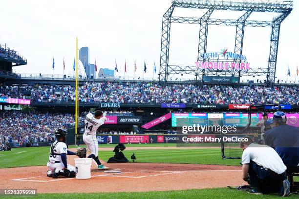 Julio Rodríguez of the Seattle Mariners bats during the T-Mobile Home Run Derby at T-Mobile Park on Monday, July 10, 2023 in Seattle, Washington.