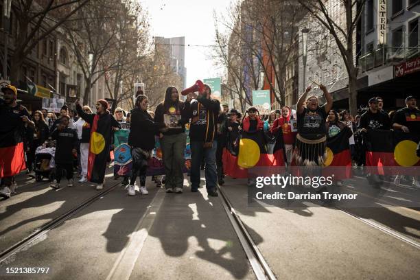 Thousands of people take part in the NAIDOC March on July 07, 2023 in Melbourne, Australia. NAIDOC Week is an Australian observance lasting from the...