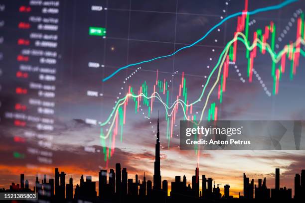 economic data on the background of skyscrapers. dubai - crisis planning stock pictures, royalty-free photos & images