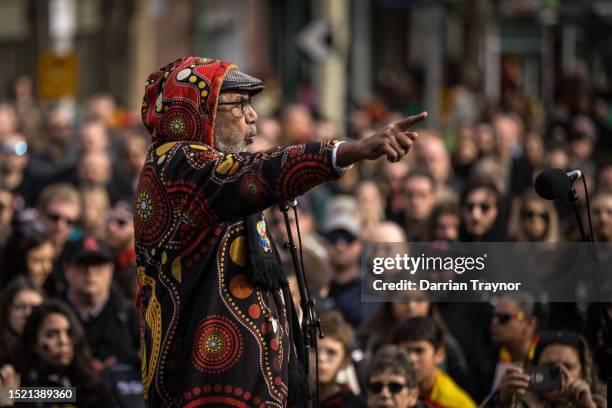 Bunurong Elder Uncle Mike Edwards speaks to the thousands of people taking part in the NAIDOC March on the steps of Parliament House on July 07, 2023...