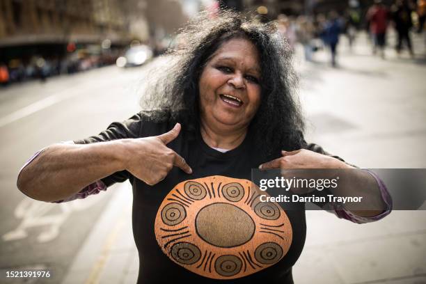 Kirrae Whurrong woman Aunty Fiona Clarke is seen during the NAIDOC March on July 07, 2023 in Melbourne, Australia. NAIDOC Week is an Australian...