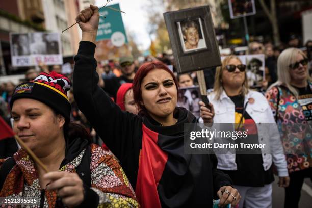 Young woman chants during the NAIDOC March on July 07, 2023 in Melbourne, Australia. NAIDOC Week is an Australian observance lasting from the first...