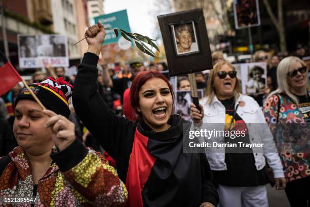 Young woman chants during the NAIDOC March on July 07, 2023 in Melbourne, Australia. NAIDOC Week is an Australian observance lasting from the first...