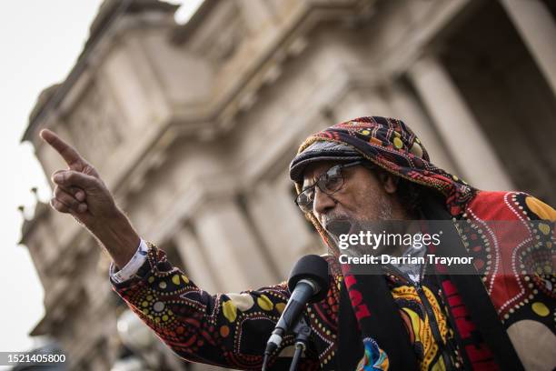 Bunurong Elder Uncle Mike Edwards speaks to the thousands of people taking part in the NAIDOC March on the steps of Parliament House on July 07, 2023...